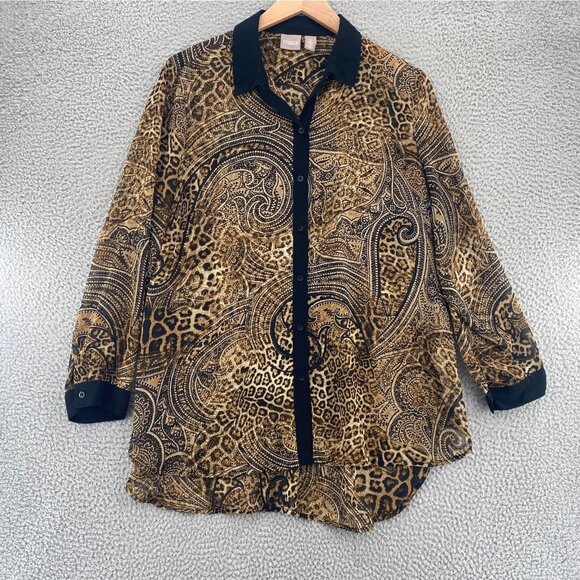Chicos Top Womens 3 US Extra Large Brown Leopard Mix Button Collar Long Sleeve - Picture 1 of 10